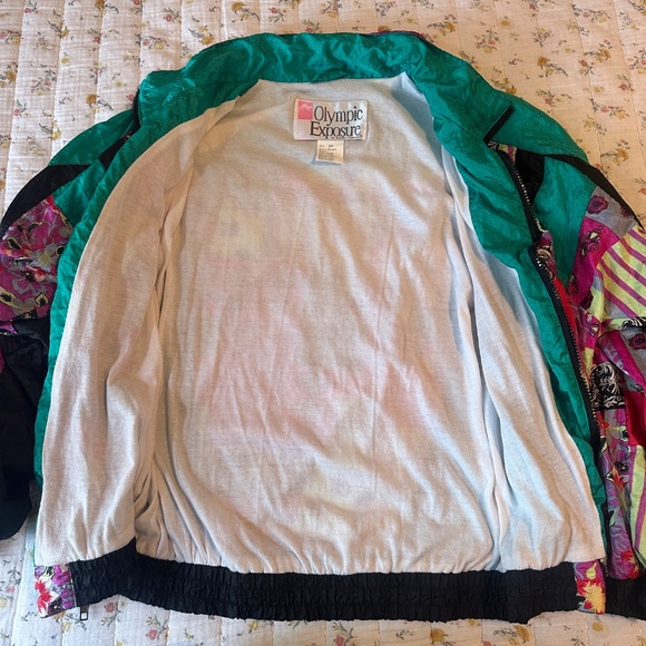Vintage 80s Olympic Exposure Patterned Windbreaker Size 2 Petite XS-S Teal Black - Picture 8 of 9
